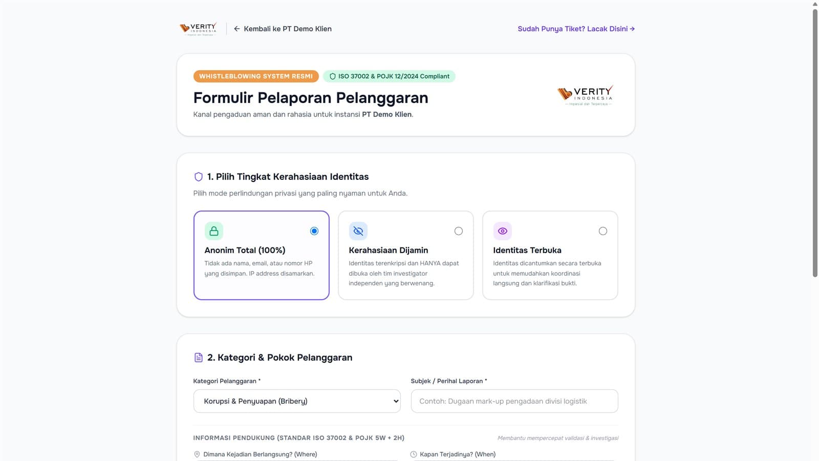 Formulir laporan anonim Verity WBS